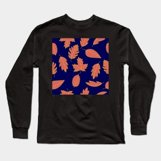 Leaves Pattern - Red and Mustard on Navy Long Sleeve T-Shirt